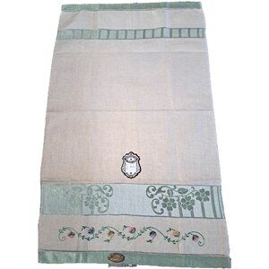 NEW Vintage Linen & Rayon Tea Towel Beige Seafoam Green Embroidered Czech